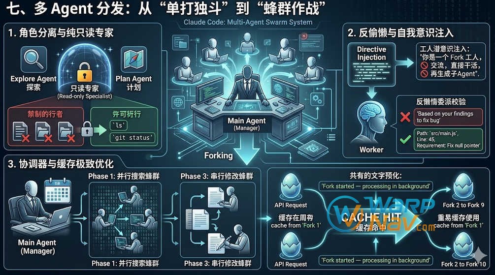对于复杂任务，Claude Code 不会指望一个模型包揽一切，而是自动生成子 Agent（智能体）蜂群