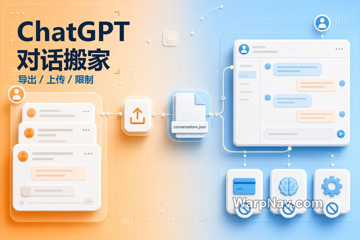 ChatGPT 聊天记录迁移到另一个账号的导出、上传与限制示意图