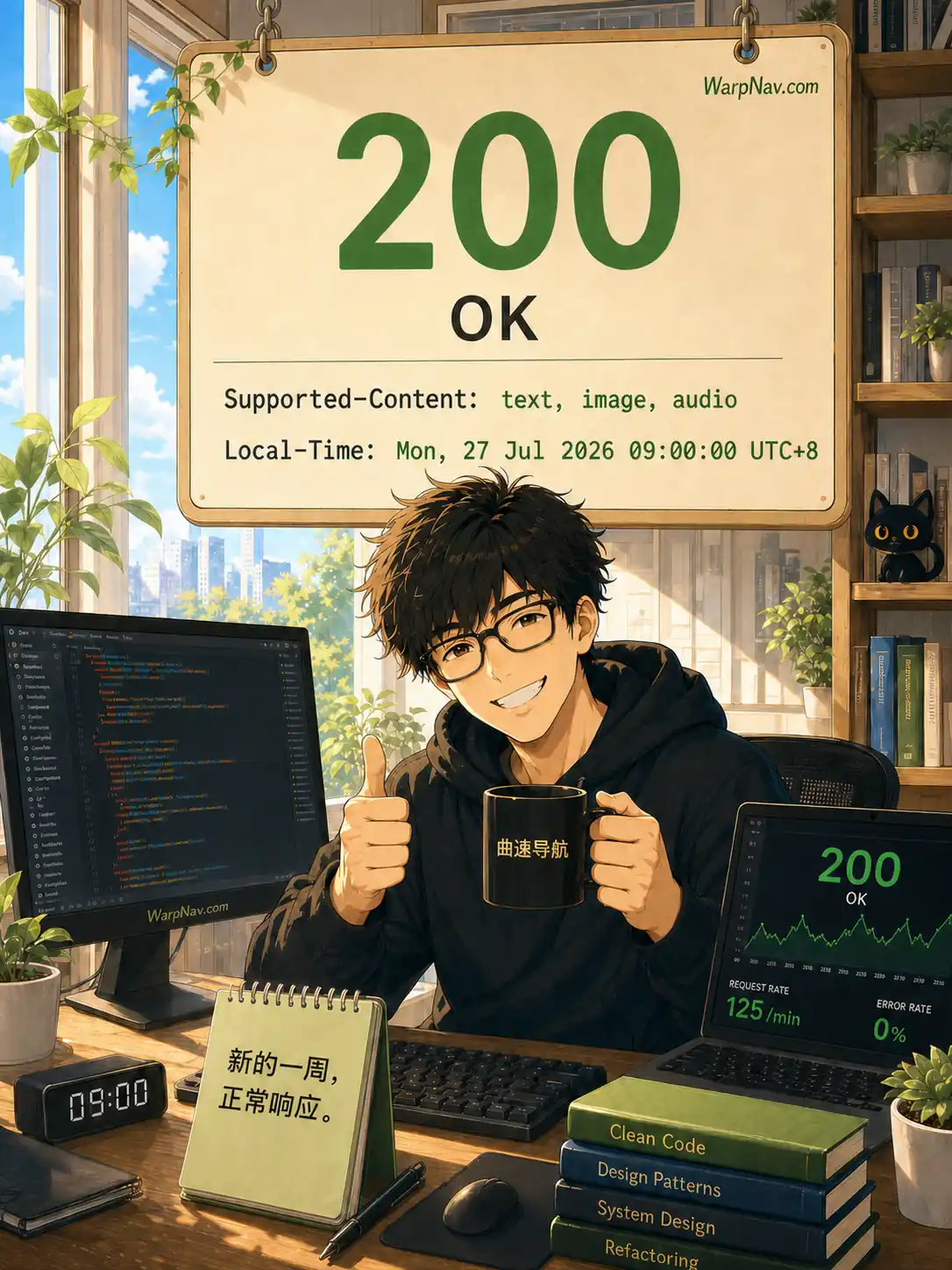 年轻程序员在晴朗的周一早晨返回 200 OK，表示状态正常并开始工作