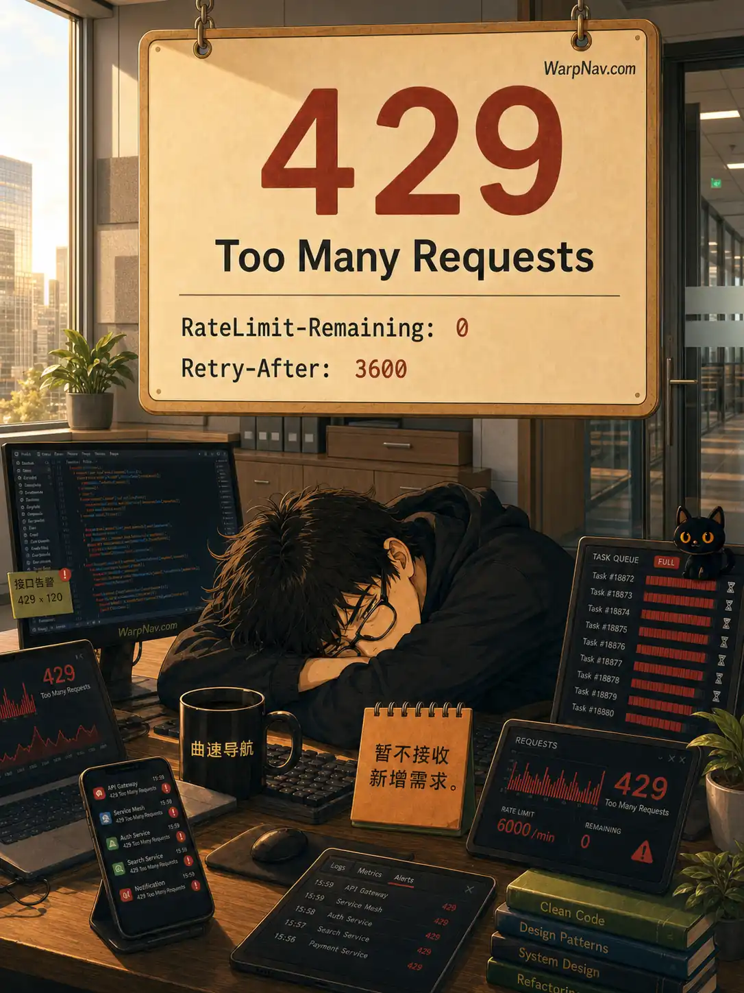 下午四点的独立办公室里，程序员面对过多工作请求返回 429 Too Many Requests
