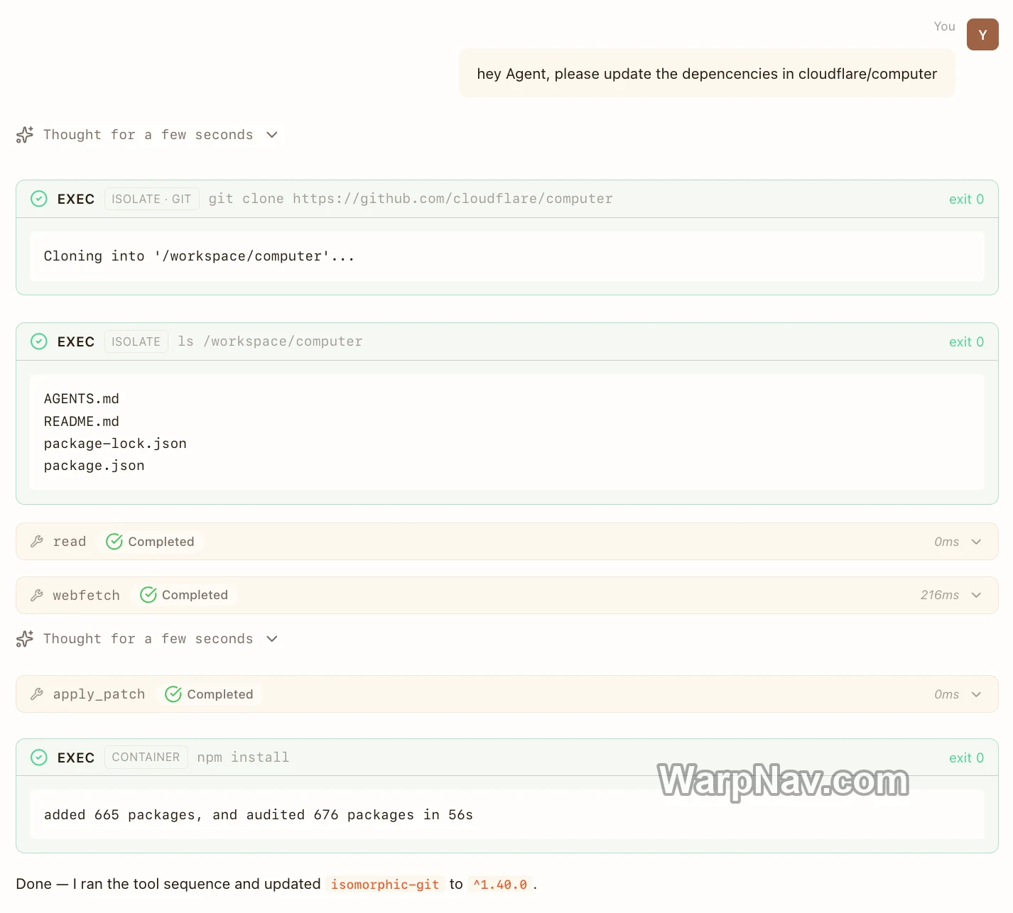 Cloudflare Computer 官方演示中隔离环境执行 Git 操作并按需调用容器安装依赖