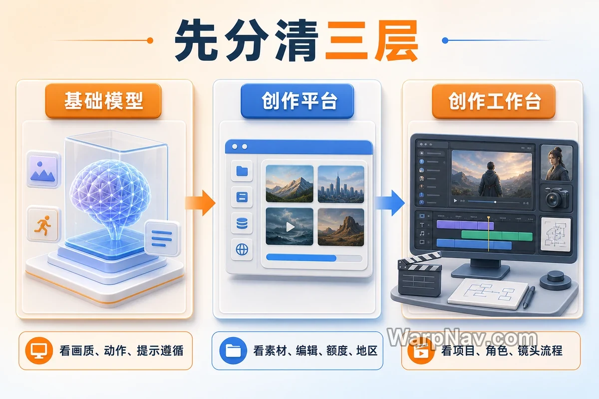 基础模型、创作平台和创作工作台三层选择框架及各自评估重点