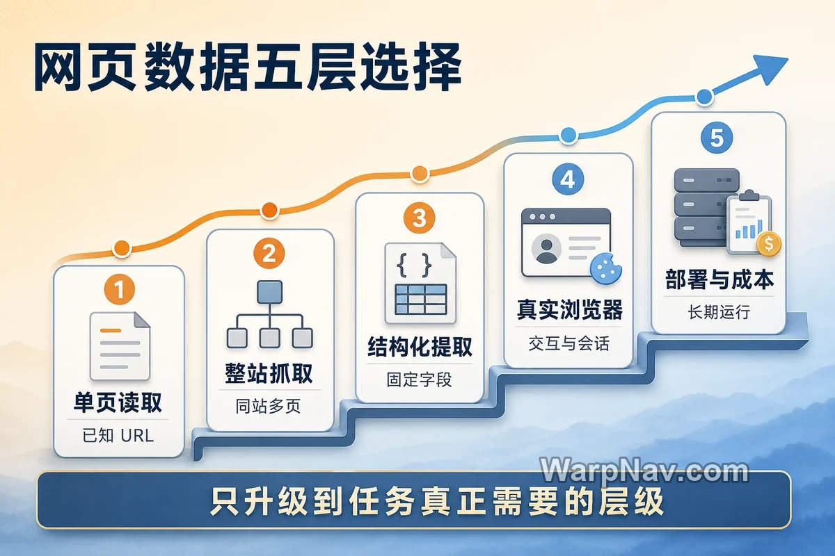 网页数据五层选择图：单页读取、整站抓取、结构化提取、真实浏览器、部署与成本