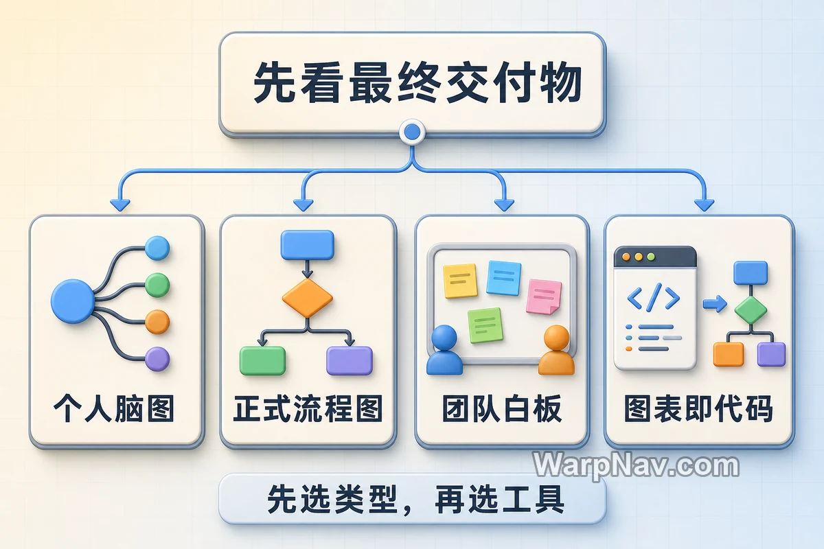 个人脑图、正式流程图、团队白板和图表即代码选择分流