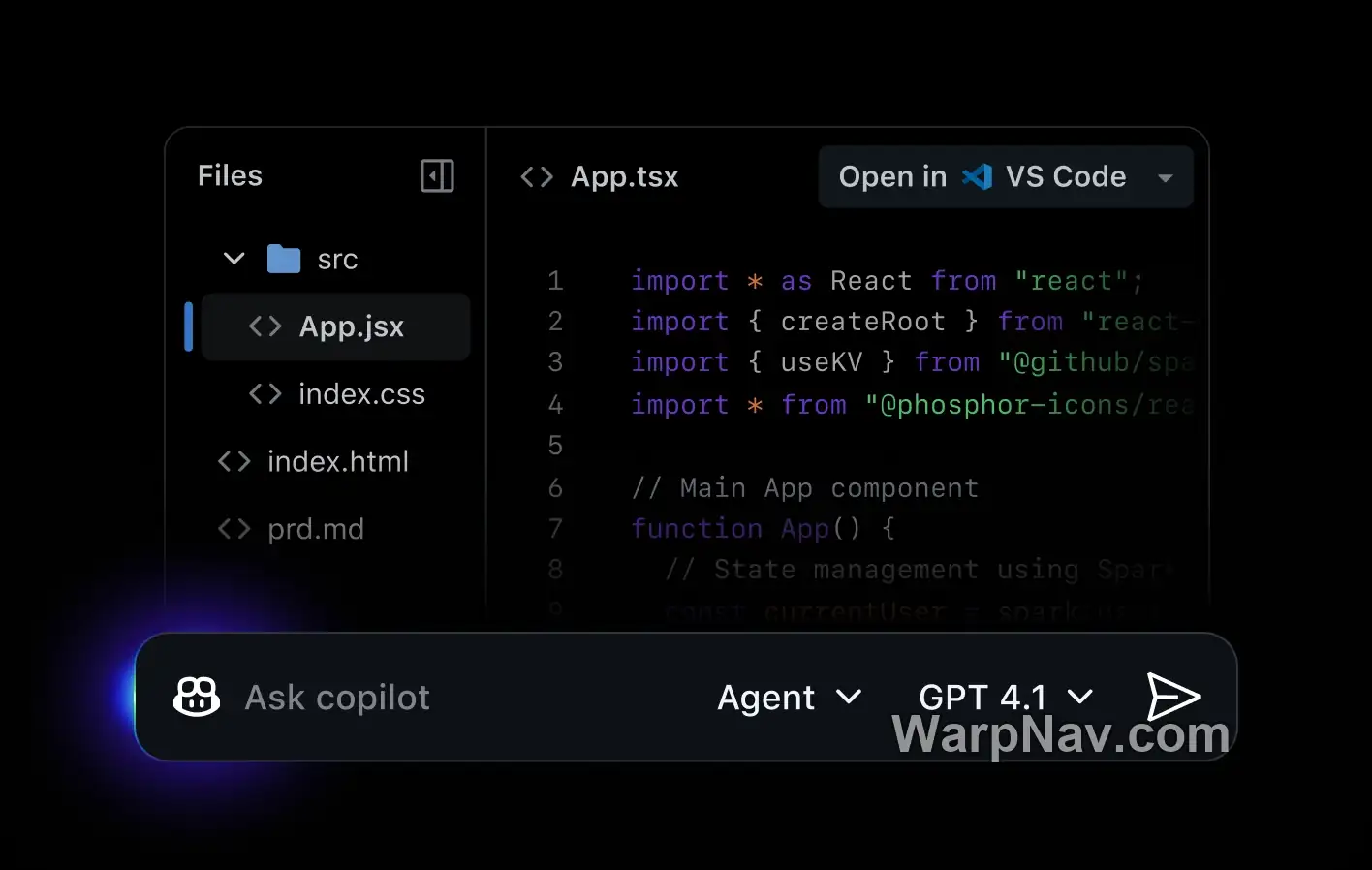 GitHub Spark 官方产品页展示代码文件、App.tsx 编辑器和打开 VS Code 的入口