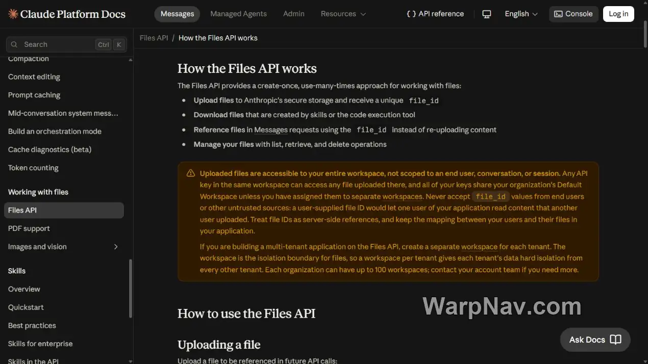 Claude Files API 官方文档关于 workspace 文件访问范围和多租户隔离的警告