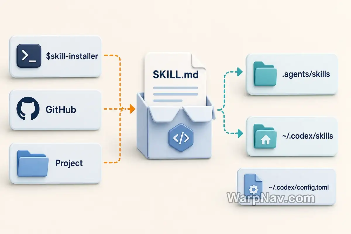 Codex Skills 从 installer、GitHub 和项目目录进入不同 Skill 路径的安装路线示意图