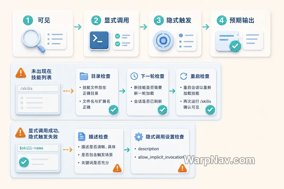 Codex Skill 可见、显式调用、隐式触发和预期输出四层验证及故障分流示意图