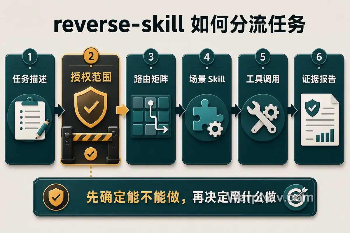 reverse-skill 从任务描述、授权范围到路由矩阵、场景 Skill、工具调用和证据报告的流程图