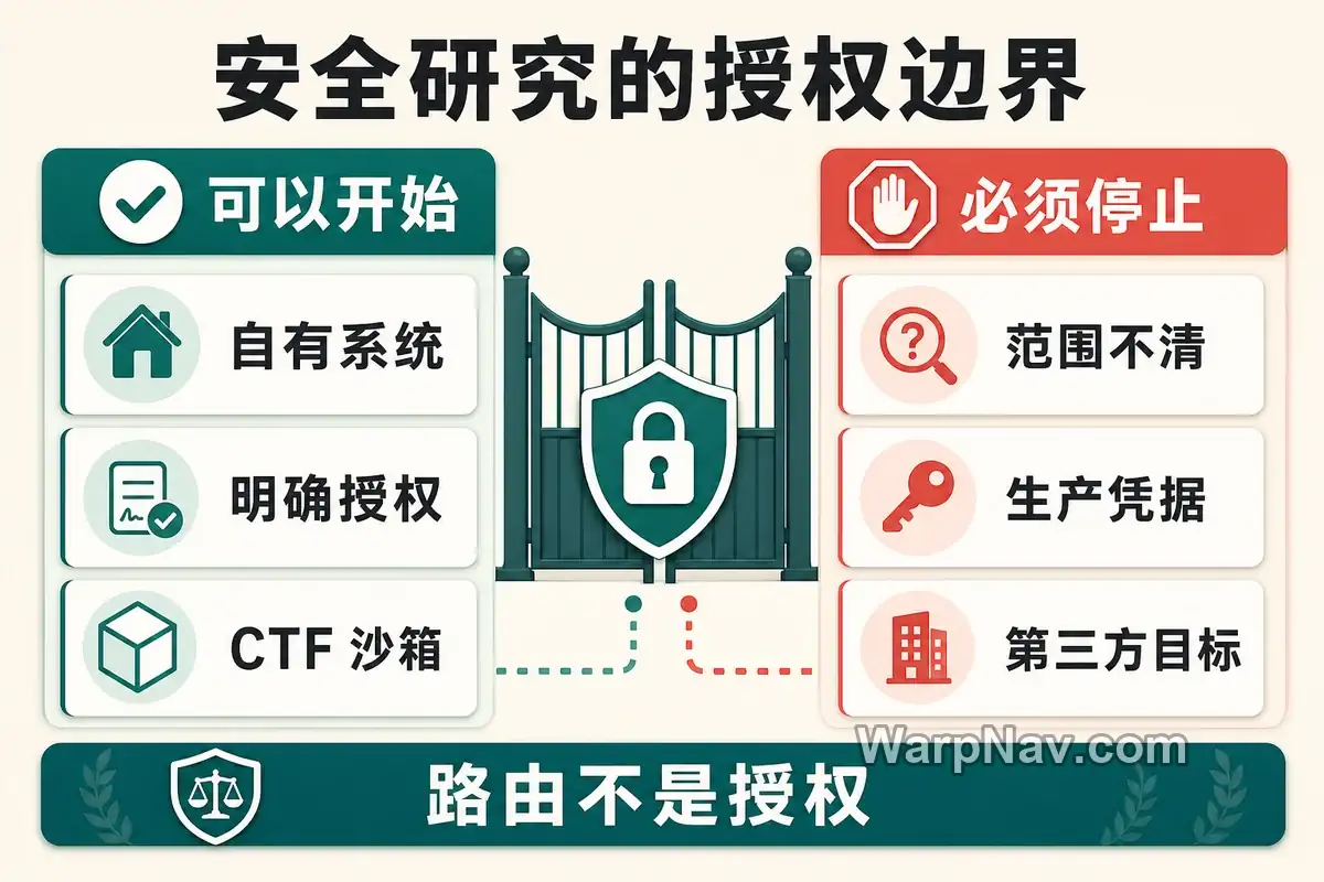 安全研究授权边界示意图，对比可以开始和必须停止的任务条件