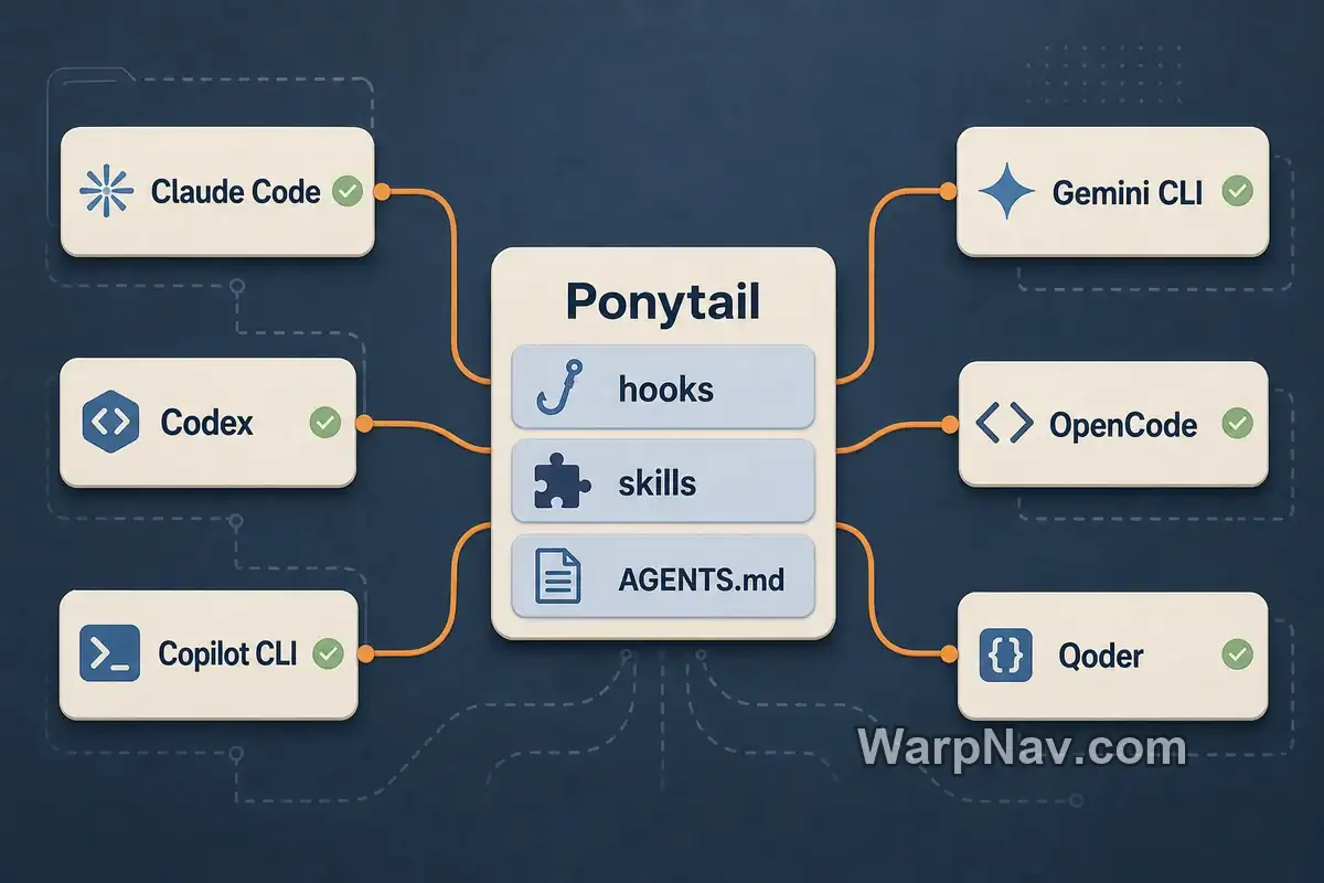 Ponytail 通过 hooks、skills 和规则文件适配多种 AI 编程宿主的关系示意图