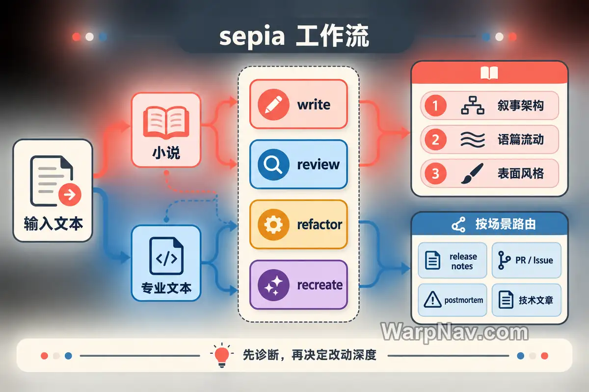 sepia 面向小说的三遍编辑流程示意图:叙事架构、语篇流动和表面风格
