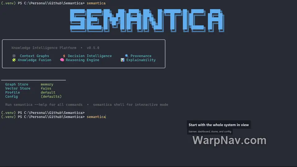 Semantica CLI 官方演示,显示图存储、向量存储和交互式命令入口