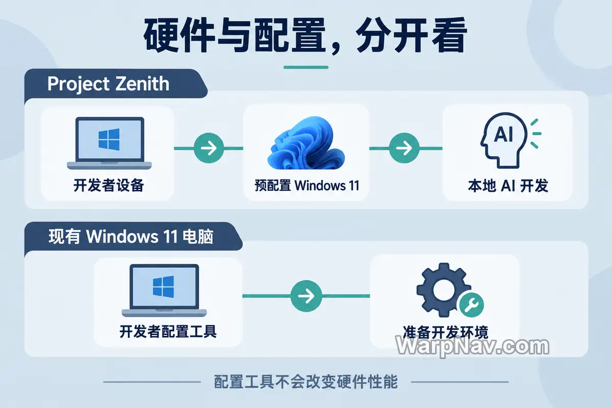 Project Zenith 开发者设备与现有 Windows 11 电脑配置工具的关系示意