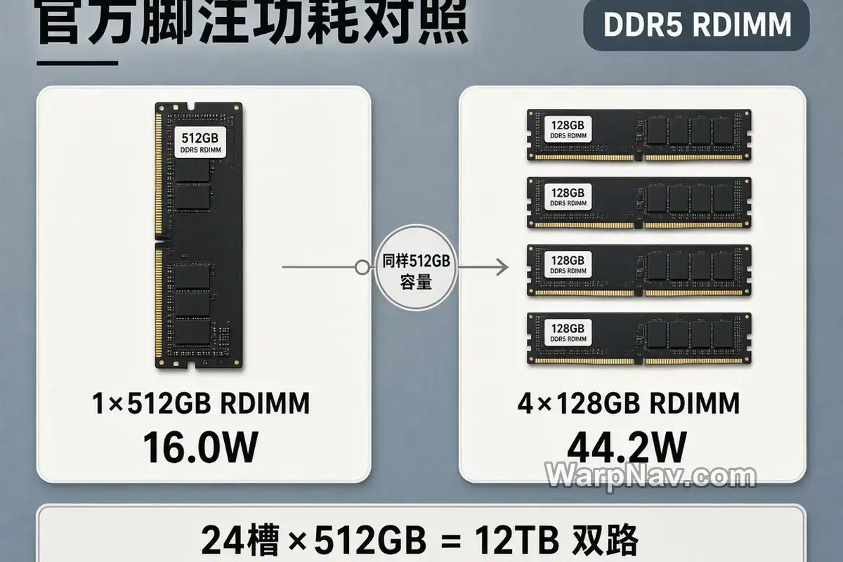 示意图：一条 512GB RDIMM 16.0W 对照四条 128GB 合计 44.2W，以及 24 槽双路 12TB