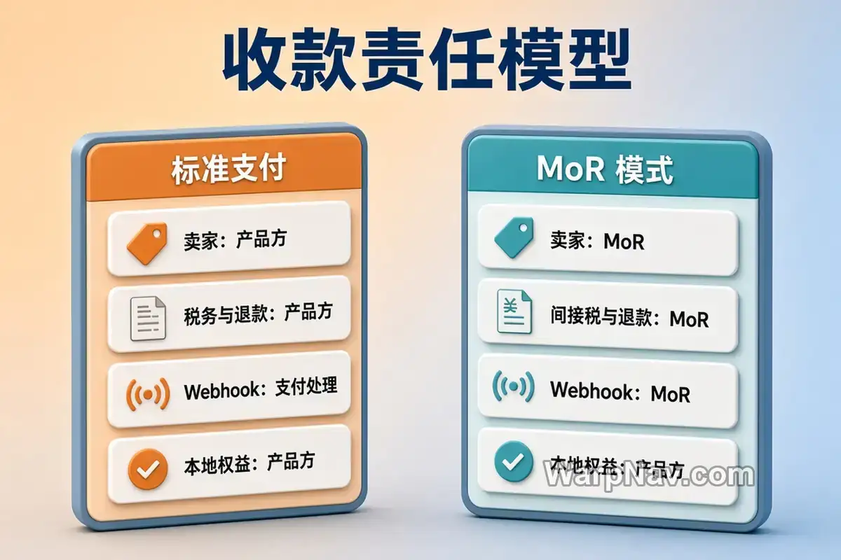 标准支付与Merchant of Record模式的卖家、税务退款、Webhook和本地权益责任对比