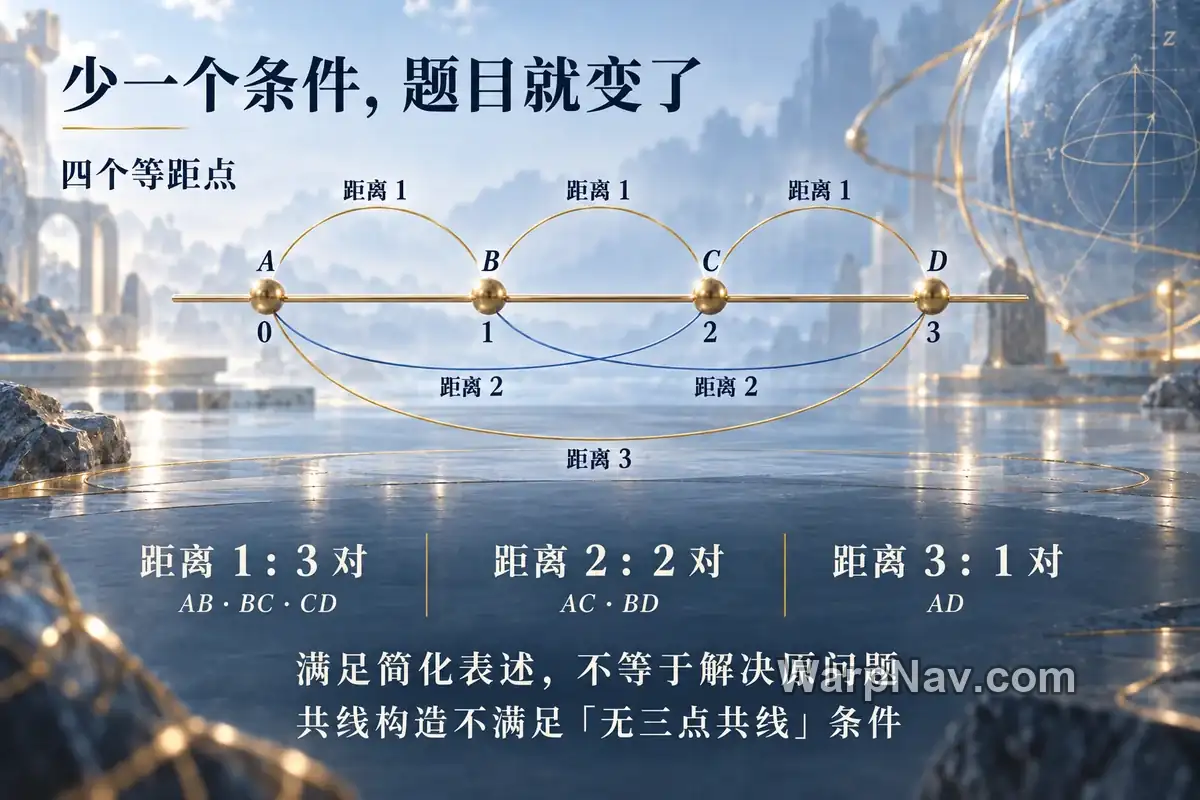 四个等距共线点形成六对点,距离1、2、3分别出现3、2、1次