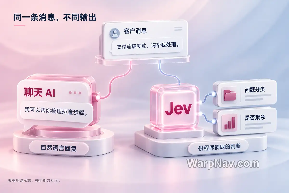 同一条客户消息分别交给聊天 AI 生成回复、交给 Jev 返回问题分类和紧急性判断的示意