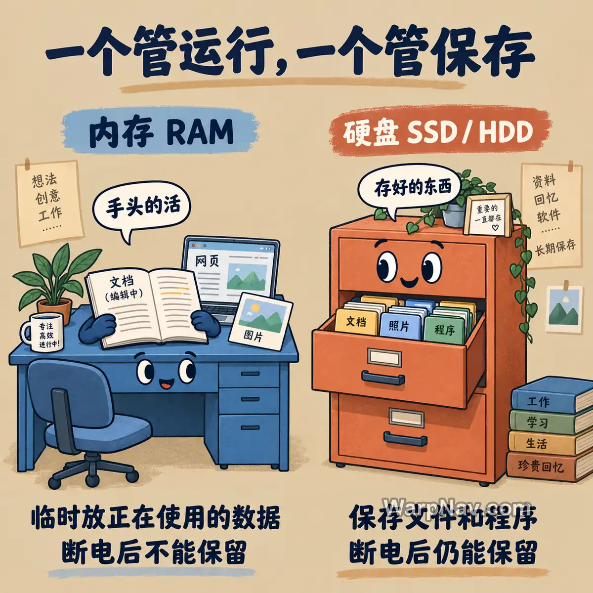 用蓝色工作台和橙色储物柜,对照运行内存临时放数据与硬盘长期保存文件的职责