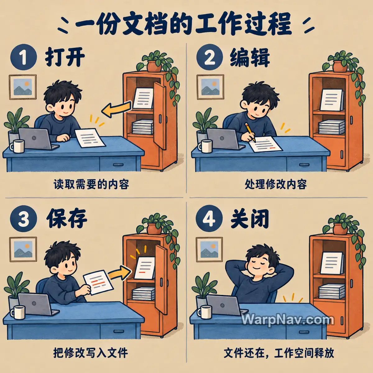 四格插画展示文档打开、编辑、保存和关闭的过程,关闭后已保存文件仍留在硬盘中