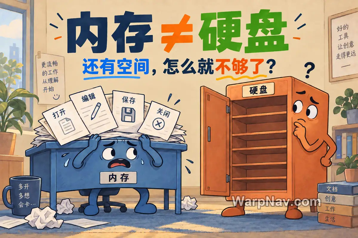 内存和硬盘有什么区别？为什么还有空间，却提示内存不足？