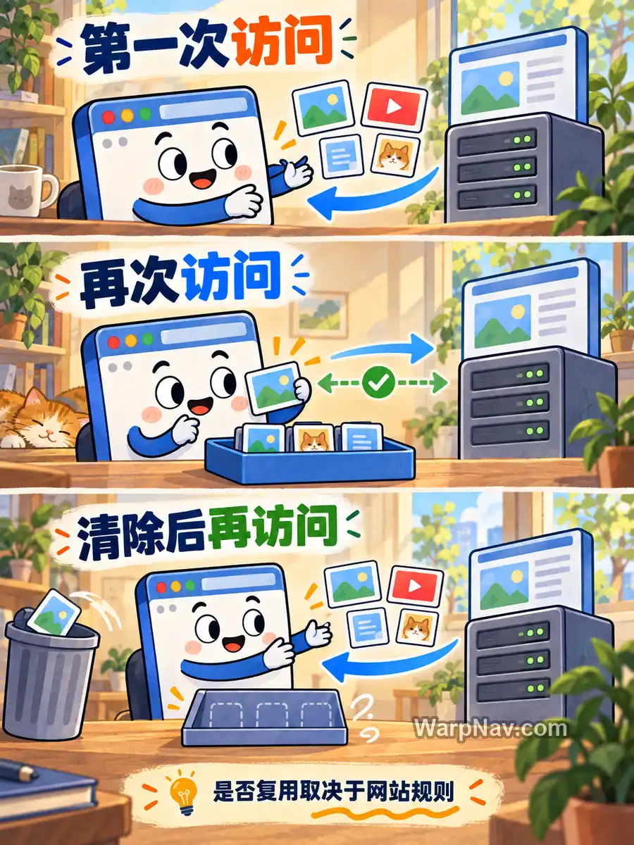 三段插画对照首次访问、再次访问和清除缓存后再访问网页时,浏览器可能获取或复用资源的过程