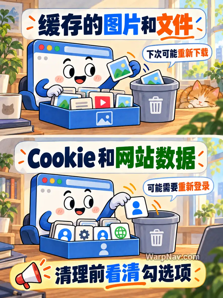上下对照清除缓存的图片和文件与清除 Cookie 和网站数据的不同影响