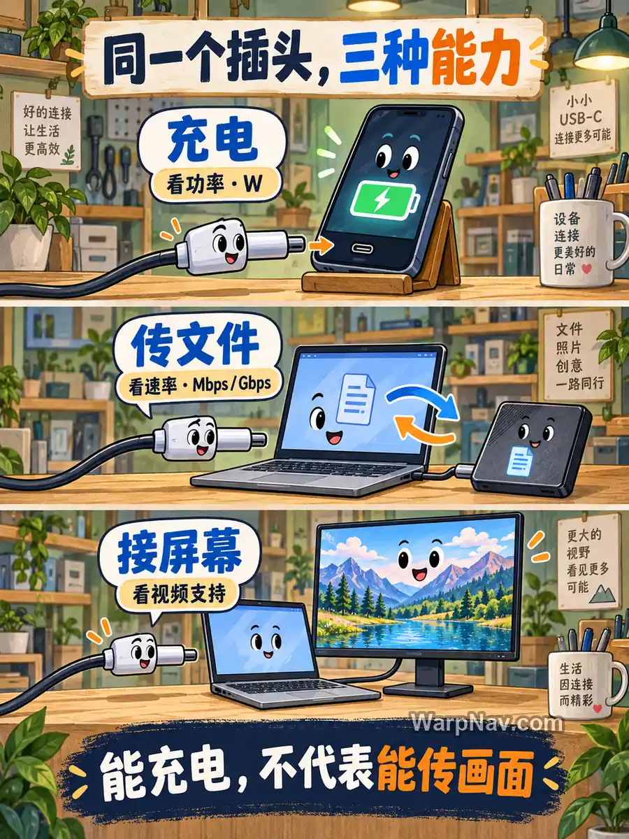 三层场景分别展示充电看功率、传文件看速率、接屏幕看视频支持