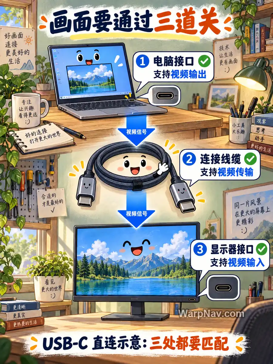 画面沿电脑接口、连接线缆和显示器接口向下传递,三处分别标注视频输出、传输和输入支持