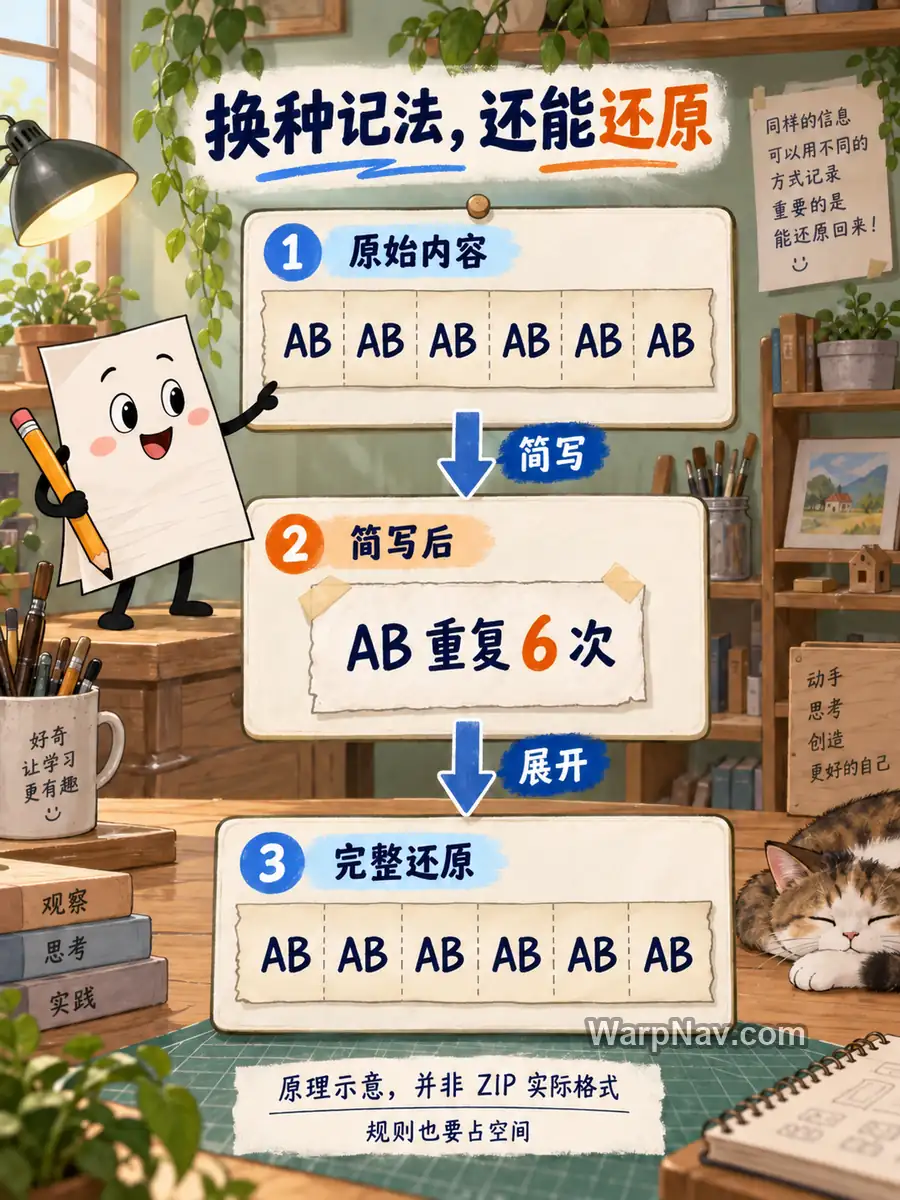 六组AB通过简写为AB重复6次，再展开为原来的六组AB，演示可还原的记录方式