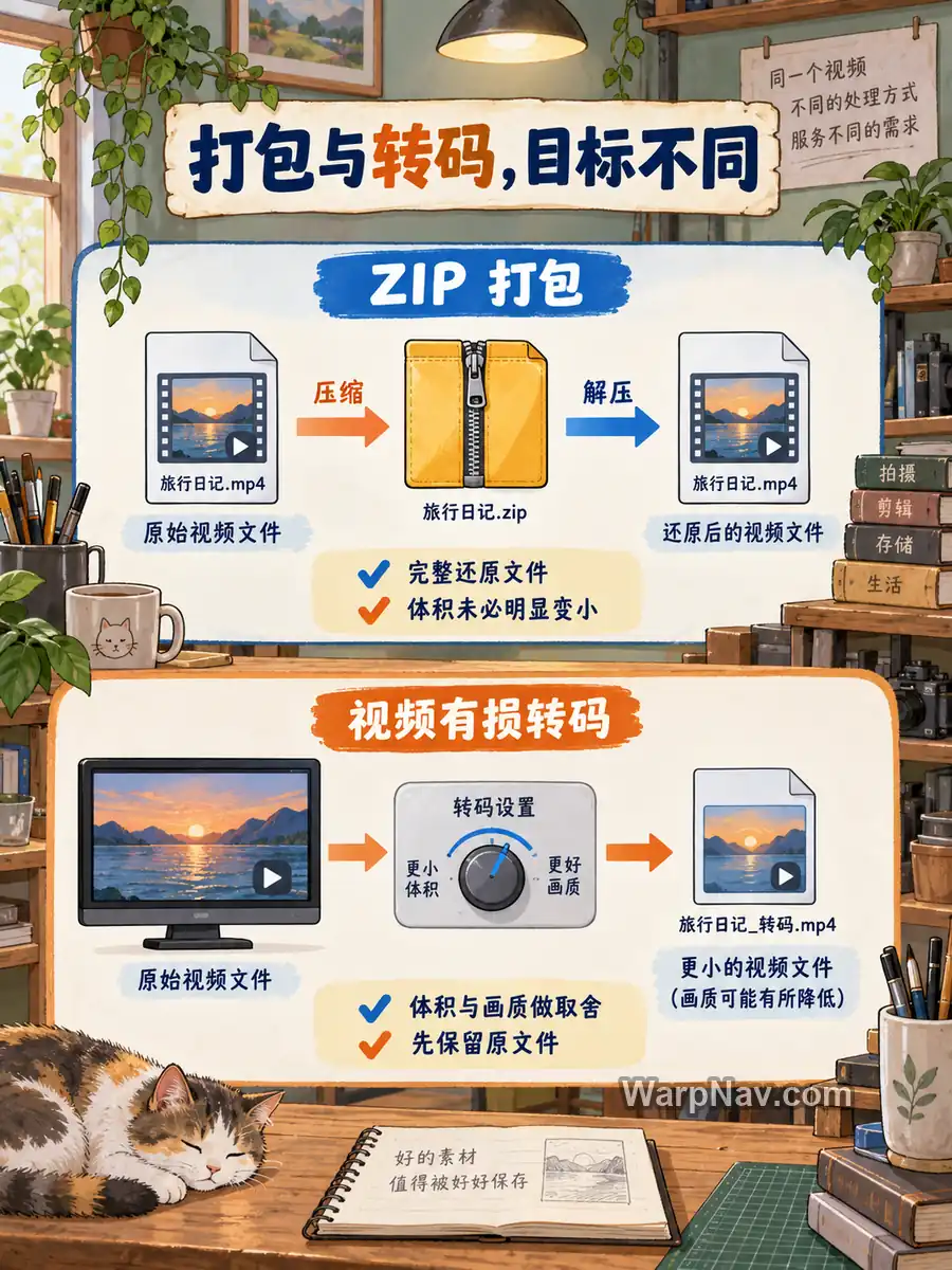 上层展示视频放入ZIP并解压还原，下层展示有损转码在体积与画质之间取舍
