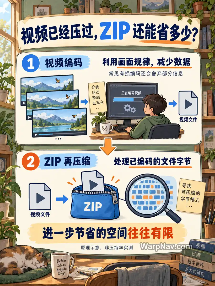上下两阶段展示视频编码先利用画面规律减少数据，ZIP再处理已编码的文件字节，进一步节省的空间往往有限