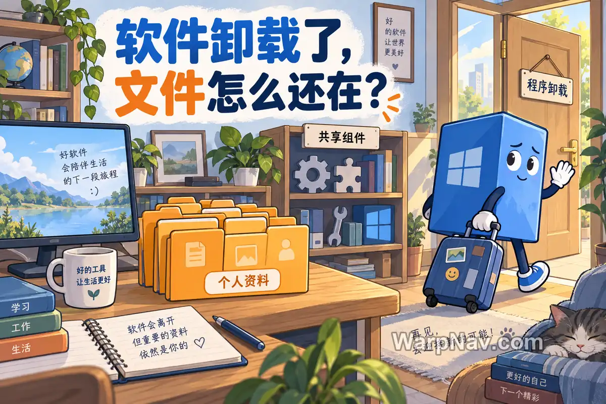 房间内软件角色提着行李离开,桌面保留个人资料,架子上保留共享组件