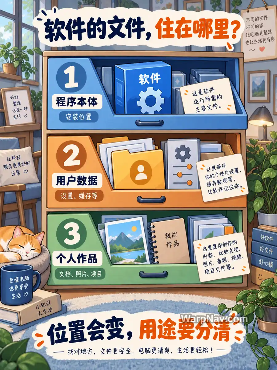 三个抽屉分别表示程序本体、用户数据和个人作品,说明软件相关文件有不同用途