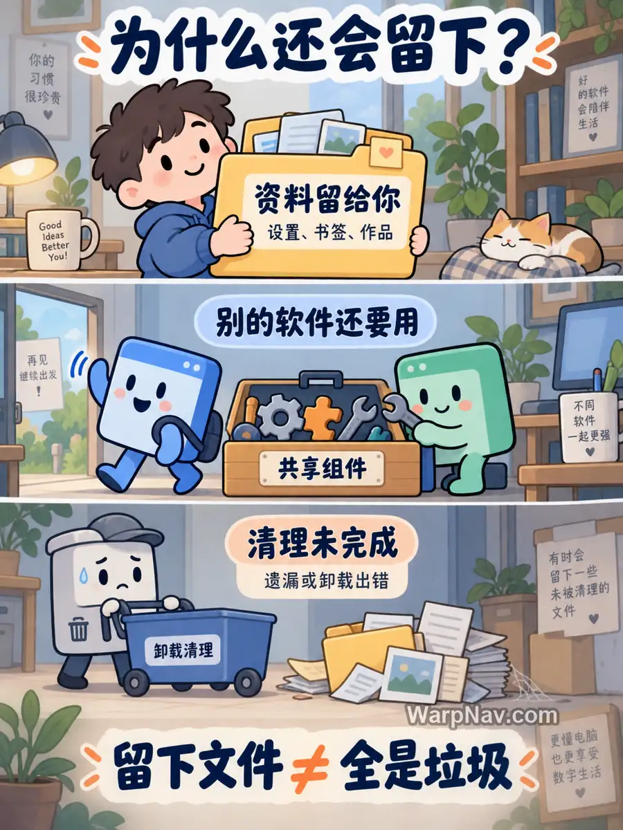 三格漫画分别展示保留个人资料、其他软件继续使用共享组件,以及清理未完成