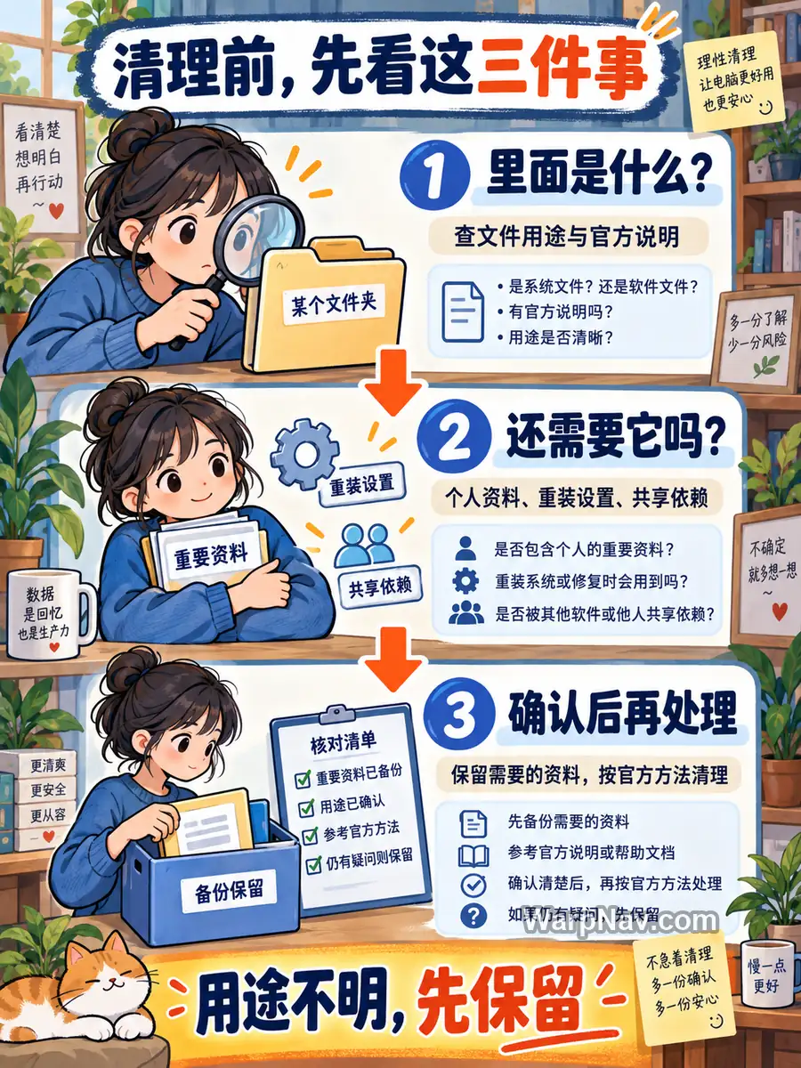 向下排列的三步判断图:核对文件用途、确认保留需要与依赖、备份并按官方说明处理