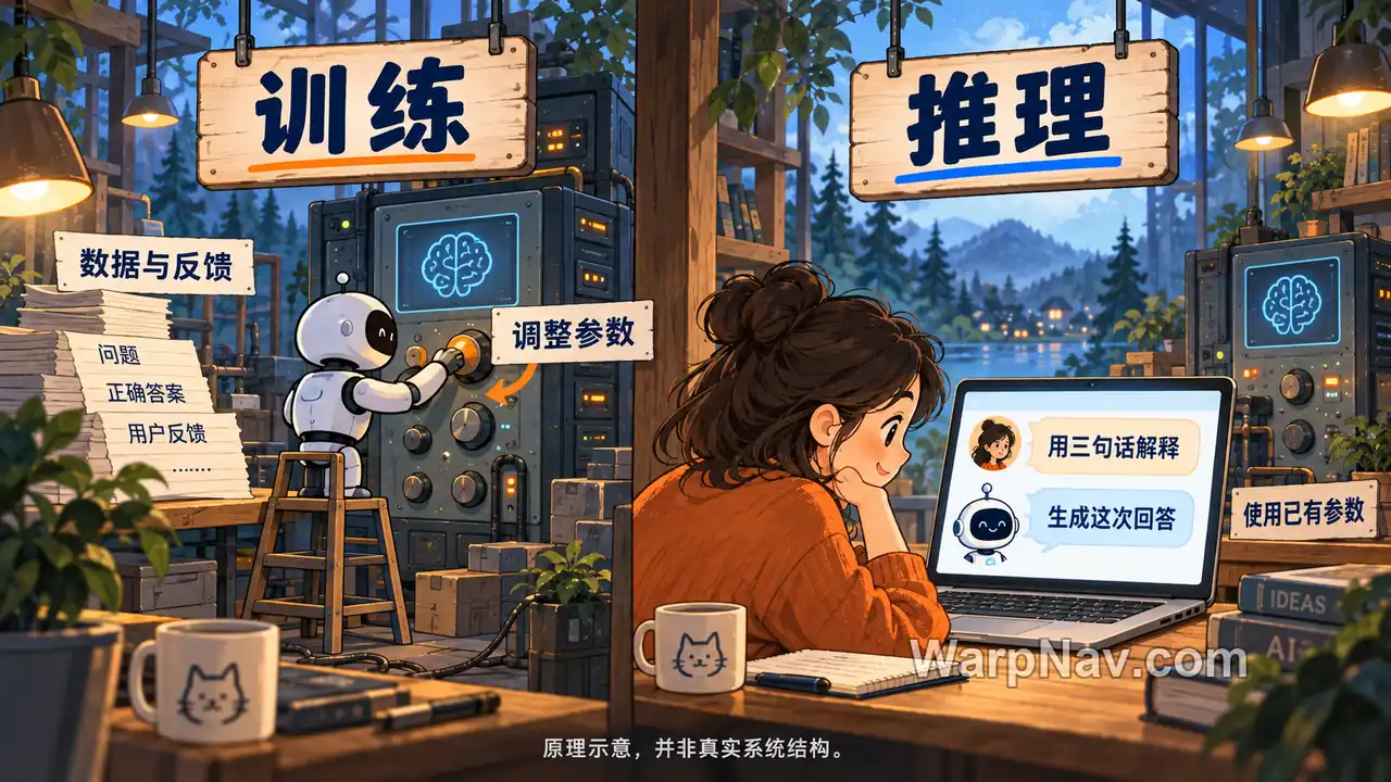 森林工作室的两个独立场景:左侧机器人调整模型机器的参数,右侧用户通过已有模型生成本次回答