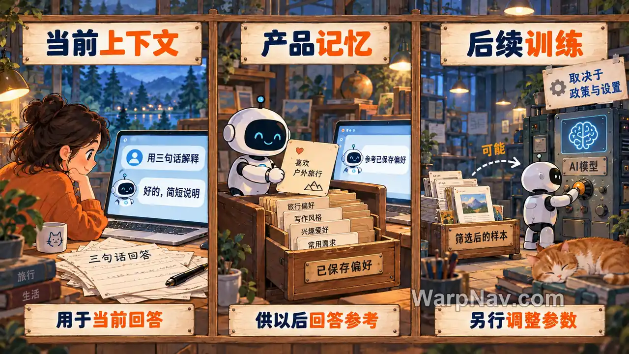三个并列场景:当前聊天提供上下文,独立档案保存产品偏好,筛选后的资料可能用于后续模型训练