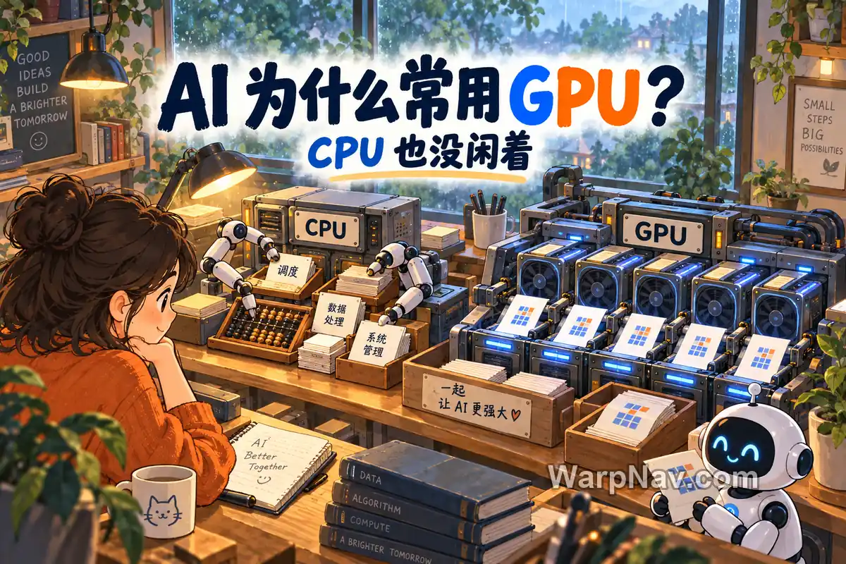 CPU 通用工作台与 GPU 并行计算装置共同工作的手绘场景,标题为 AI 为什么常用 GPU