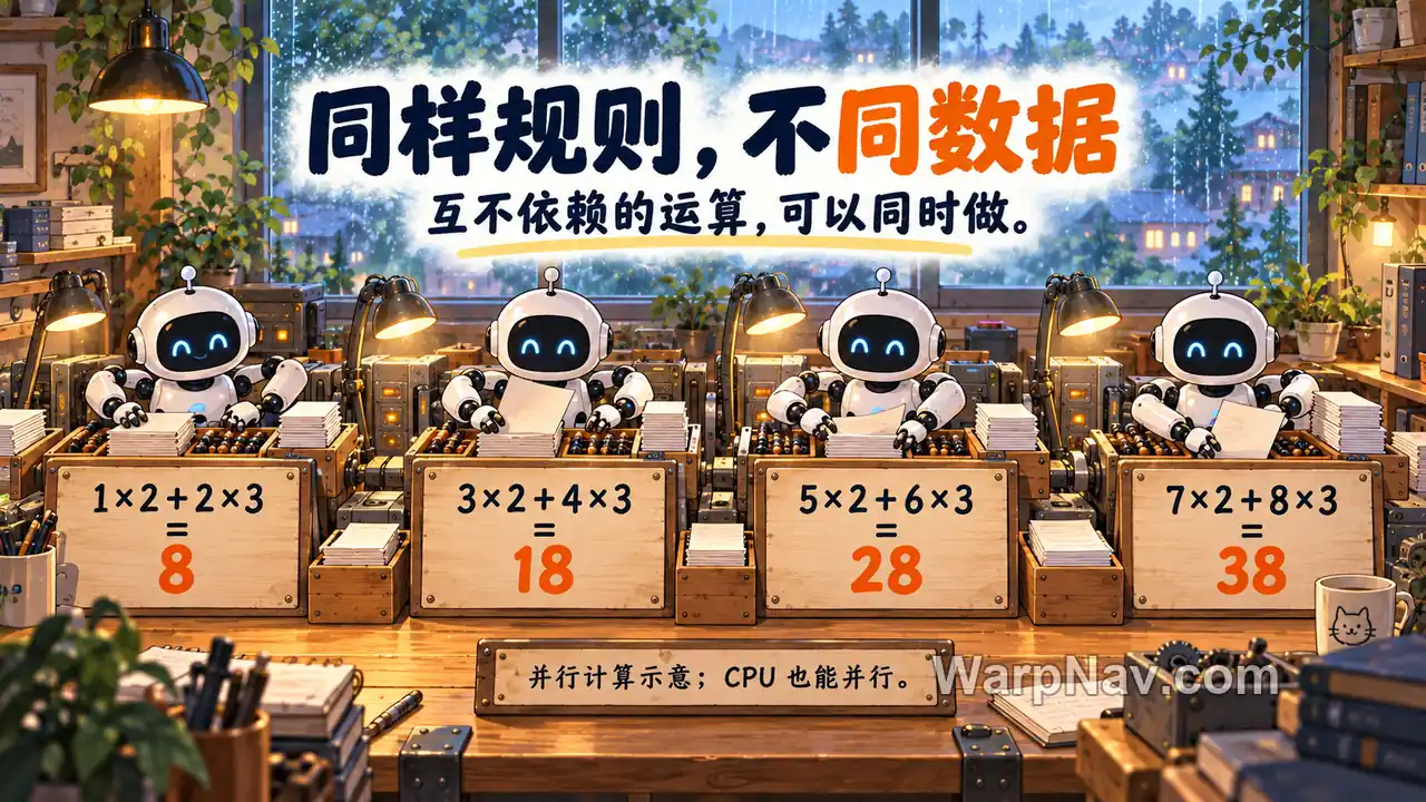 四个独立计算工位用相同乘加规则处理不同数据,结果分别为 8、18、28、38