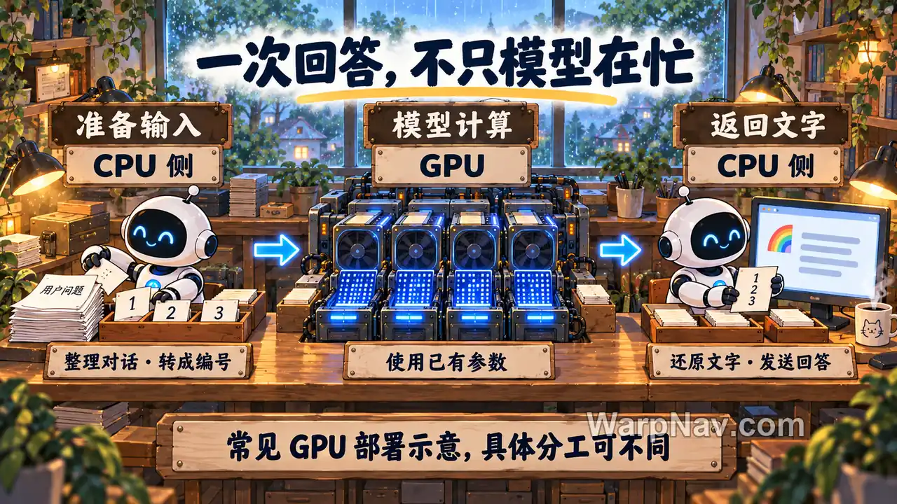 CPU 侧准备输入,GPU 使用已有参数进行模型计算,CPU 侧还原文字并返回回答的三阶段场景