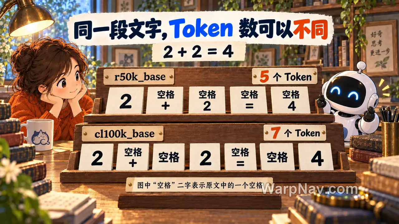 同一算式在 r50k_base 下为五个 Token,在 cl100k_base 下为七个,卡片明确标出空格的组合位置