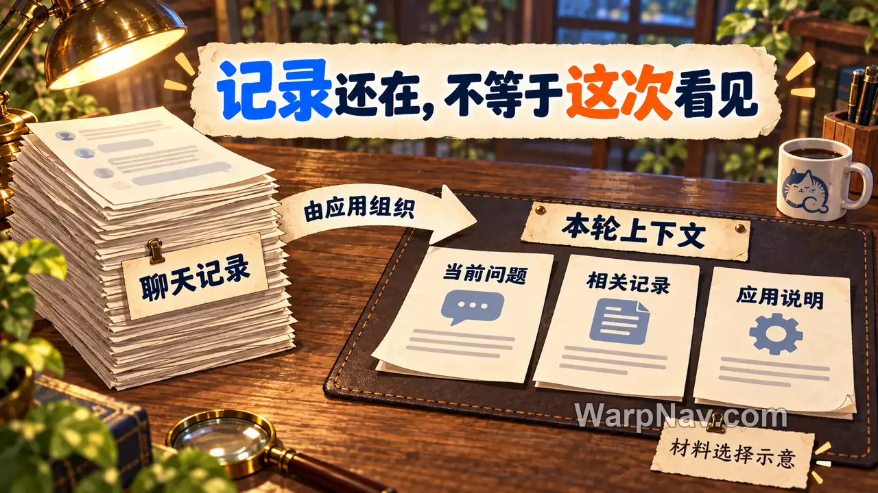 聊天记录经应用组织后形成当前问题、相关记录和应用说明等本轮材料,工作台为类比示意。