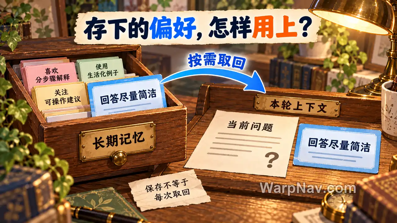 档案中的回答尽量简洁偏好被按需取回,加入当前问题所在的上下文;档案与工作台为类比。