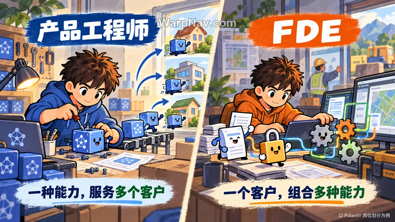 插画对照:产品工程师构建可复用能力服务多个客户,FDE 为一个客户组合多种能力;以 Palantir 岗位划分为例