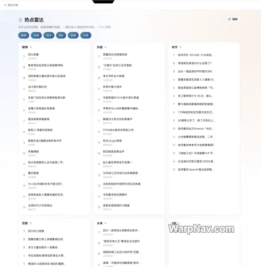 Easel 热点雷达列出微博、抖音、知乎等来源的候选话题