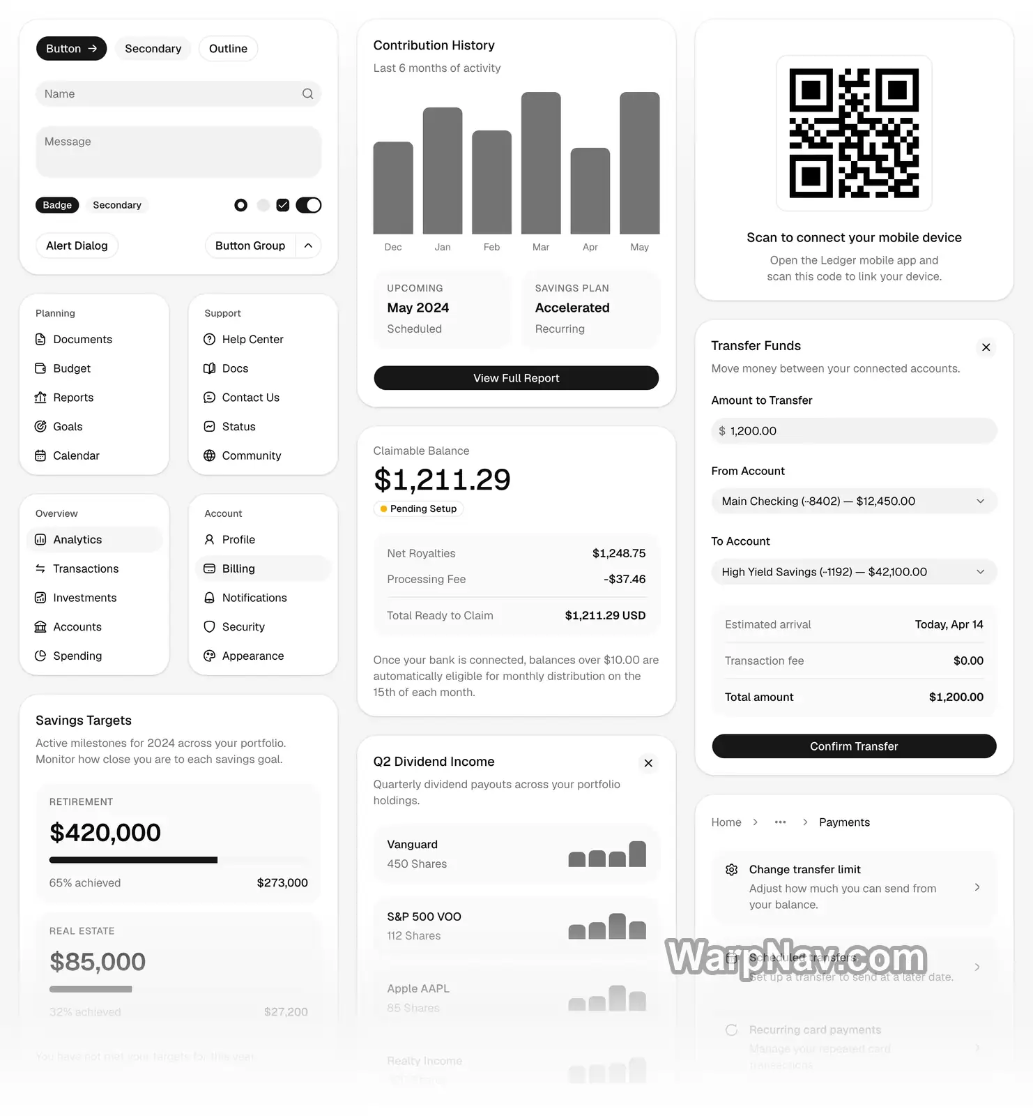 shadcn/ui 官方组件组合示例,包含按钮、输入框、卡片和图表