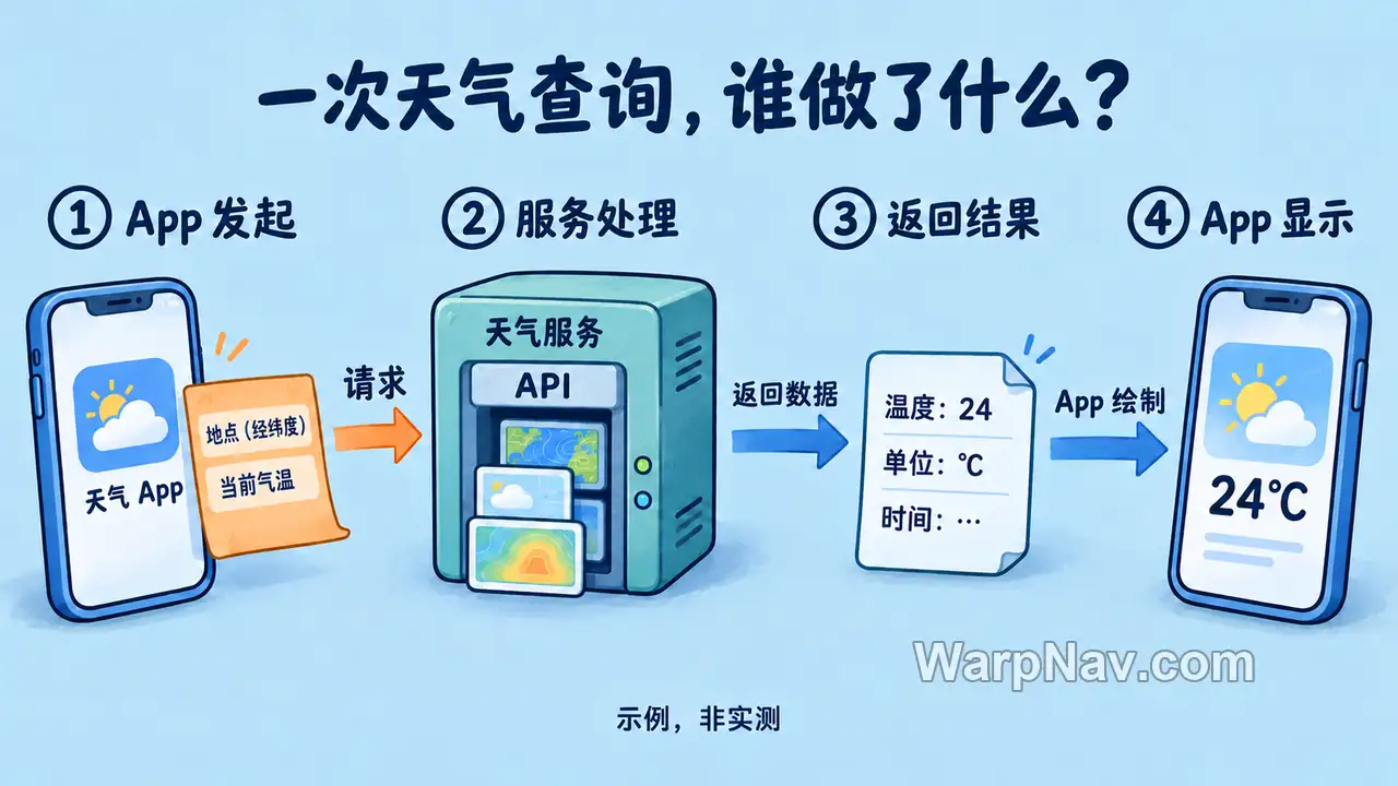 天气 App 发起查询、天气服务处理、返回数据和 App 显示气温的四步示意图
