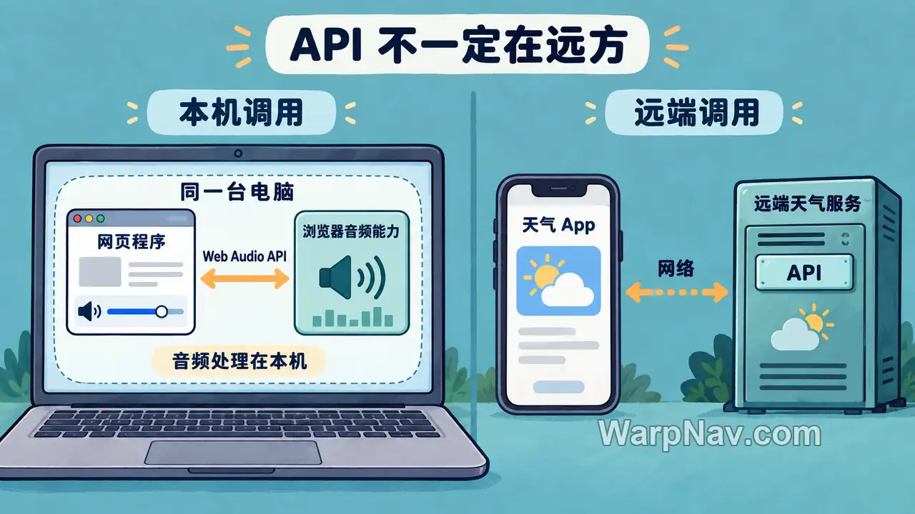 电脑内通过 Web Audio API 调用浏览器音频能力,与通过网络调用远端天气服务的对照图