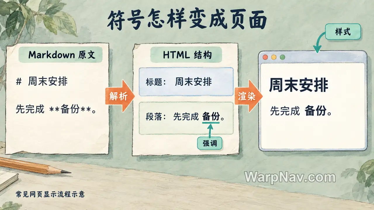 Markdown 原文经解析形成 HTML 结构,再经渲染和样式显示为页面的手绘流程示意